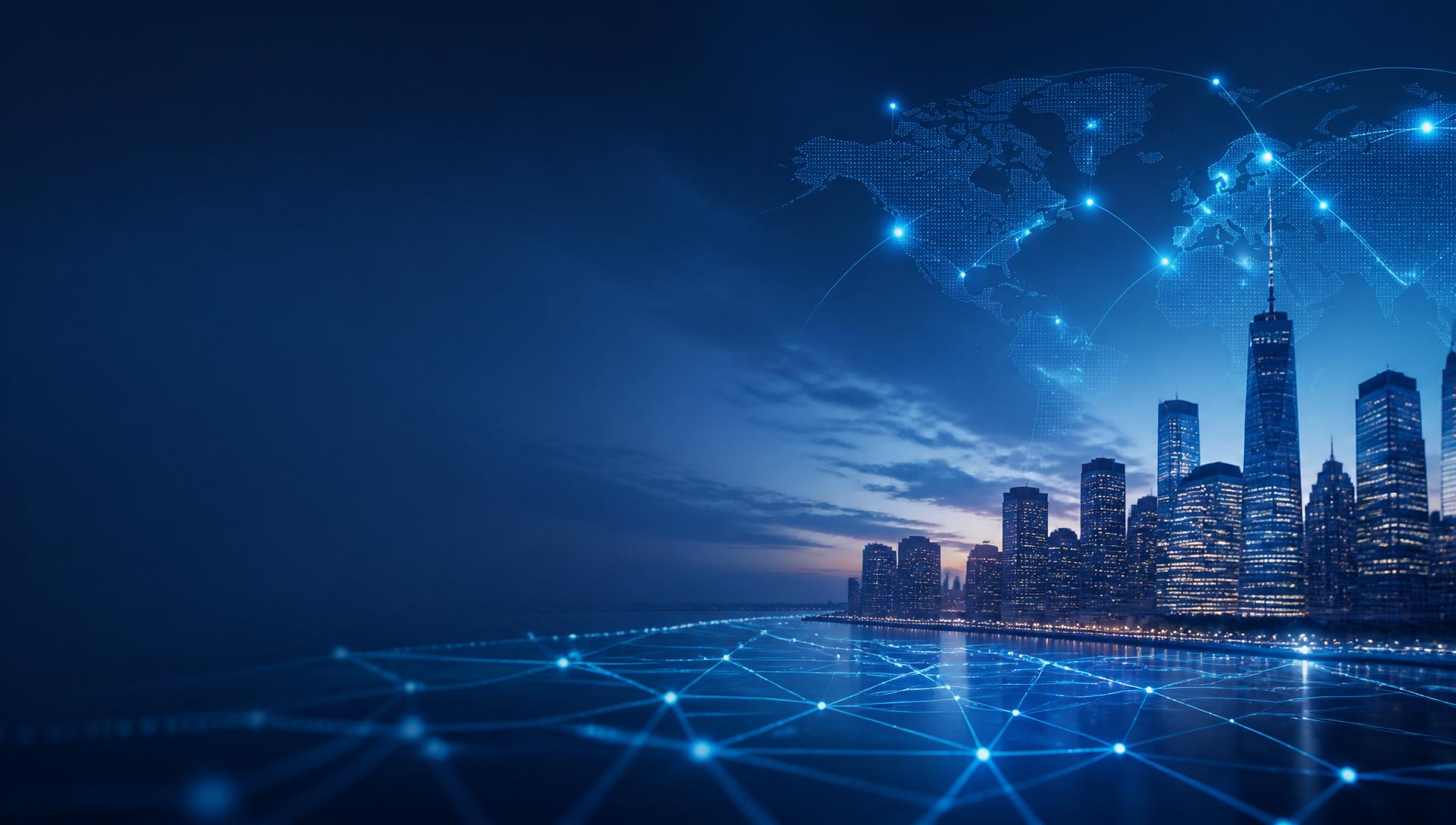 Global business network over a modern city skyline at dusk